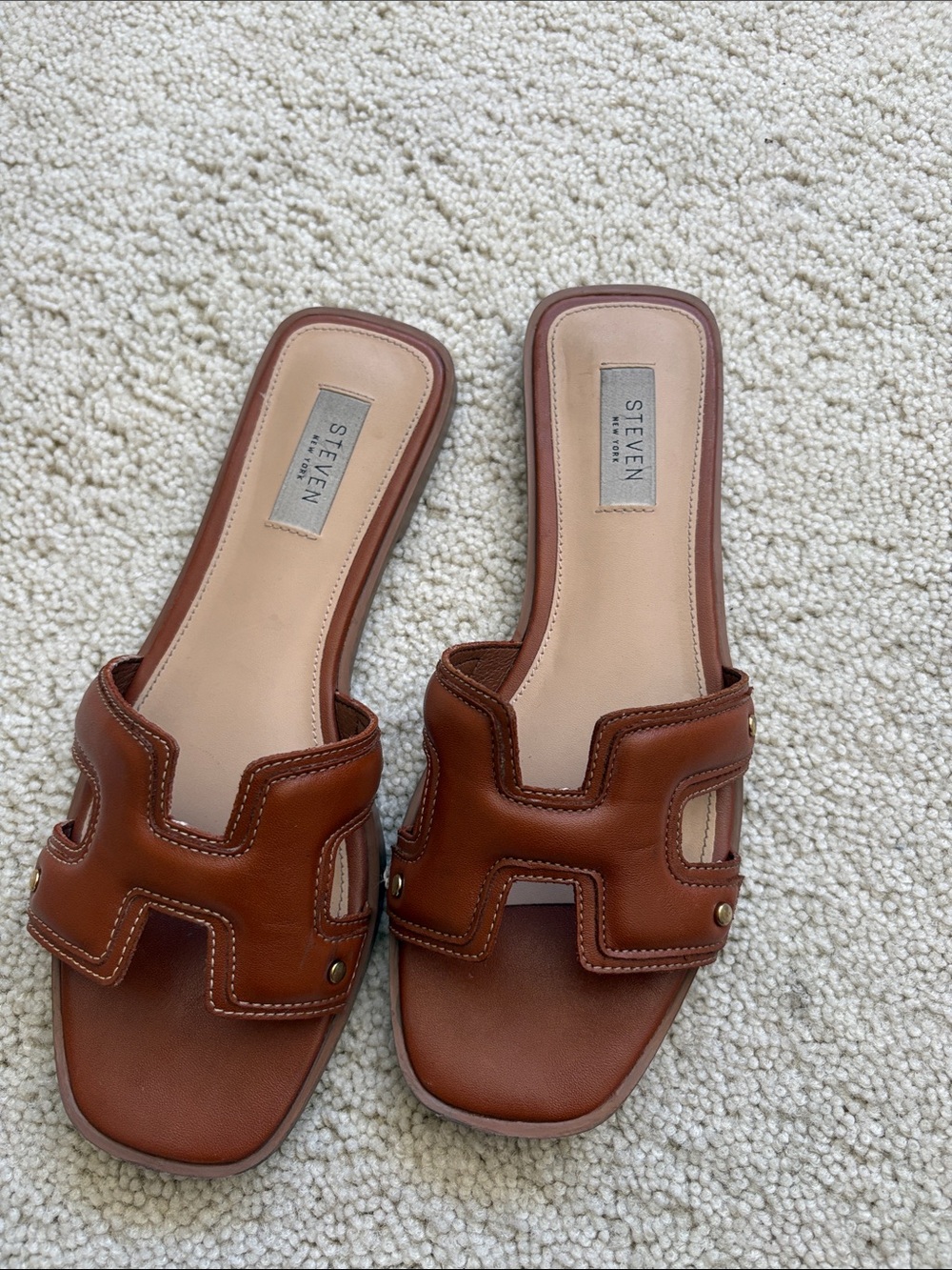 Steven By Steve Madden Tan Brown Leather Slide Sandals